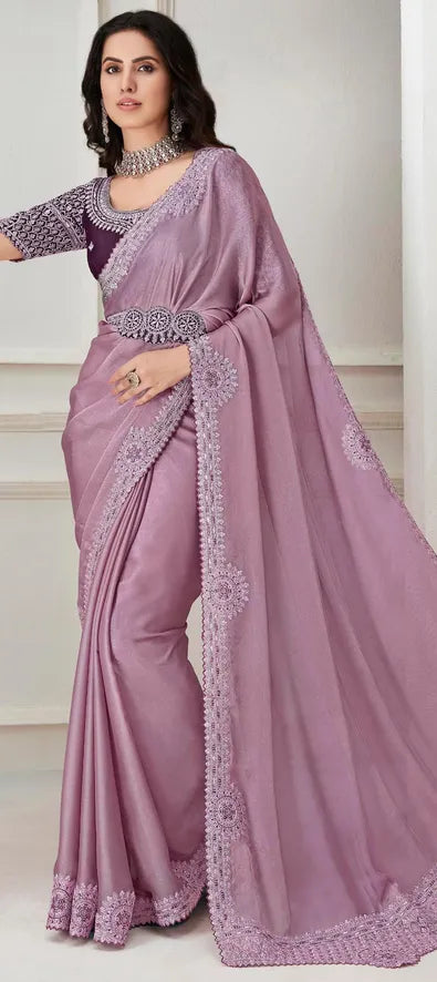 Organza Silk Festive Saree in Purple and Violet with Resham work