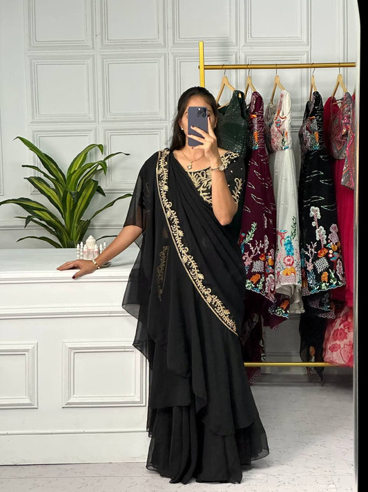 LAUNCHING NEW LEHENGA-SAREE* 🚀🚀🚀🚀🚀🚀🚀🚀🚀 *🥻WE ARE LAUNCHING NEW SUPERHIT TRENDING DESIGNER  ATTRACTIVE BLACK COLOR LEHENGA-SAREE WITH EMBROIDERED STITCHED BLOUSE🥻*