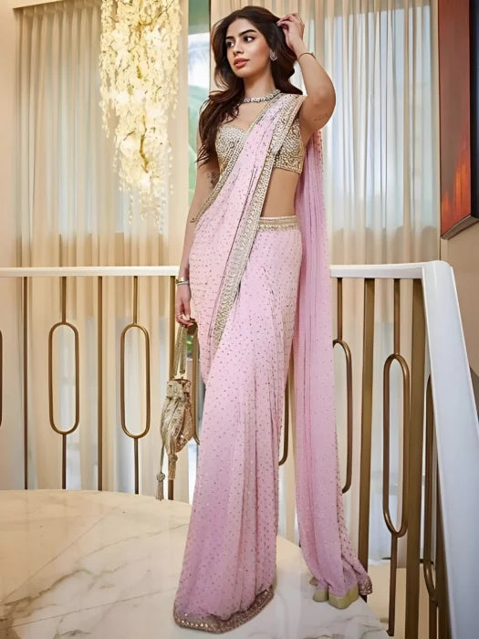 Khushi Kapoor Inspired Pink Saree with Real Mirror Work