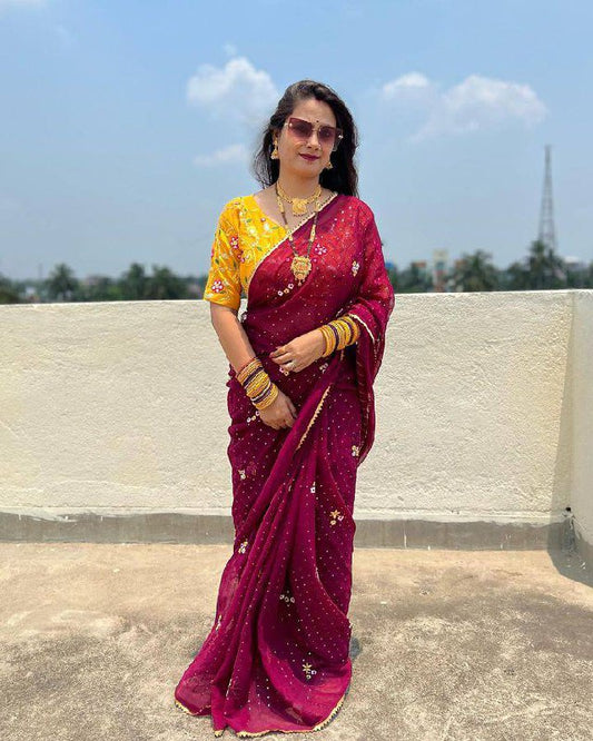 WE ARE LAUNCHING NEW SUPERHIT WINE COLOR SEQUINS EMBROIDERED WORK SAREE WITH FULL WORK STITCH BLOUSE🥻*